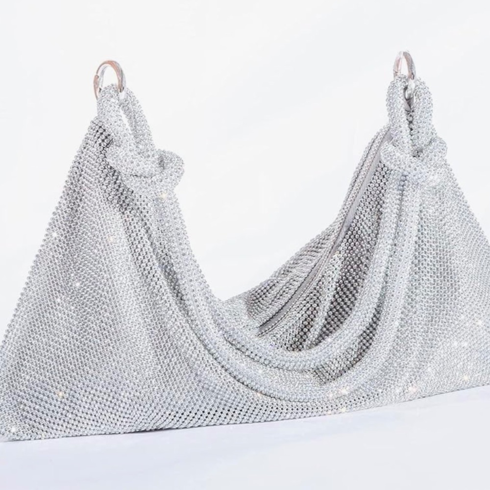 NWOT Silver Rhinestone Evening Bag with detachable strap.